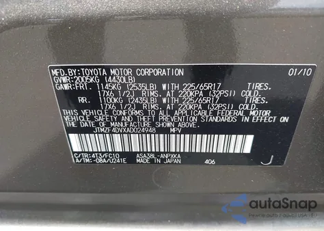 2010 Toyota Rav4 из США, поврежденный, VIN JTMZF4DVXAD024948